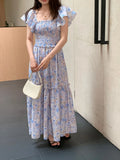 Purpdrank  Summer Bohemian Floral Printed Women's Dress 2025 Flying Sleeve Square Collar Casual Loose Umbrella Long Dress Female