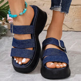 Purpdrank  Blue Denim Chunky Platform Slippers Women Fashion Buckle Wedge Heels Sandals Woman Summer Comfort Thick Bottom Outdoor Slippers