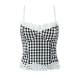 Purpdrank  Sexy Black White Plaid Spliced Lace With Wire Chest Corset Camis Women Side Zipper Crop Top Camisoles Bra Tank Vest