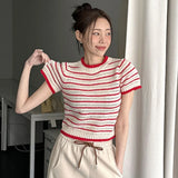Purpdrank  Vintage Striped Women's Knitted T-shirts 2025 New Summer Casual Loose O-neck Hollow Out Knitwear Short Shirts Top Female