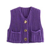 Purpdrank  Button Casual Retro Cropped Sweater Vest Women 2025 Summer Fall Fashion V-Neck Sleeveless Coarse Yarn Knitted Tops Female Jumper