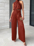 Purpdrank - Beige Two Piece Pants Sets Women Outfit Silk Pleated Texture Sleeveless Top Wide Leg Pants Set Summer Matching Sets