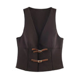 Purpdrank  Vintage Deep Brown Buckle Buttons V neck Waistcoat Women OL Vest Jacket Outfits Casual Vacation Loose Tops