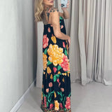 Purpdrank  Sexy Off Shoulder Holiday Suspenders Dress Elegant Flower Print Big Swing Long Dress Women Fashion Hight Waist Pleat Party Dress