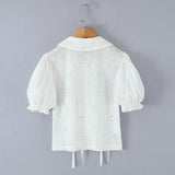Purpdrank  Sweet White Embroidery Hollow Out Hole Splice Lace Peter Pan Collar Short Sleeve Shirt Women Ribbon Front Slim Crop Tops
