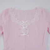 Purpdrank  Y2K Hot Girl Lace Hem 2 Piece Set Fashion Bow Long Sleeve Crop Top & Bodycon Mini Skirt Matching Suits Casual Women Outfit