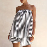 Purpdrank   Summer Striped Printed Backless Suit Casual Loose Vacation Woman Outfits Sexy Strapless Hollowed Out Top + Shorts Two Piece Set