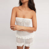 Purpdrank  Fashion Hight Waist Bikini Cover Up Dress Sexy Strapless Hollow Knitted Dress Women Elegant Sleeveless Backless Solid Mini Dress