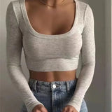 Purpdrank  Spring Solid Color Threaded Long-Sleeved T-Shirt Square Neck Slim Fit Hot Girl Top European American Fashion