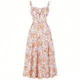 Purpdrank  Women's Floral Print Spaghetti Strap Maxi Dress Slim Fit Tie Front Ruched Vintage Boho Dresses Holiday Vacation Summer Sundress