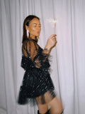 Purpdrank  Sexy Mesh See Through Mini Dress Women Shinny Sequin Flare Long Sleeve O-neck Dresses Female 2026 Spring Summer Lady Robe