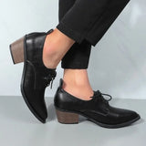 Purpdrank  Spring Split Leather Women Shoes Pointed Toe  Heels Lace Loafers Shoes for Women French Retro Casual Shoes