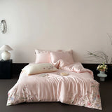 Purpdrank  Elegant Flowers Embroidery Bedding Set 600TC Lyocell Cool Feeling Soft Silky Duvet Cover Bed Sheet/Fitted Sheet Pillowcases 4Pcs