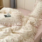 Purpdrank  3/4Pcs Flower Prints 100% Cotton Korean Princess Style Bedding Set Single Queen Duvet Cover Bed Sheet/Fitted Sheet Pillowcase