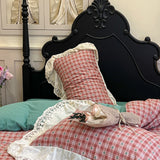 Purpdrank  Vintage Plaid Pure Cotton double-layer yarn four-piece set French lace Bedding Set Duvet Cover Pillowcases Flat/Fitted Bed Sheet
