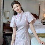 Purpdrank  Modern Young Girl Retro Summer Elegant Cheongsam Dress Women Bubble Sleeve Temperament Party Dresses Pink Fashion Qipao Vestidos