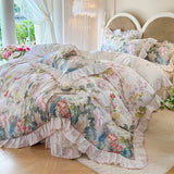 Purpdrank  100% Cotton Korean Princess Style Flowers Prints Lace Ruffles Bedding Set Duvet Cover 1.2M/1.5M/1.8M/2M Bed Skirt Pillowcases