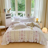 Purpdrank  Flower Skin-friendly Washed Cotton Bedding Set Duvet Cover Set Korean Lace Ruffles Quilt Cover Soft Cover Bed Linen Pillowcases