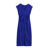 Purpdrank  autumn new women's fashionable temperament slim fit casual solid color V-neck sleeveless waist pleated dress