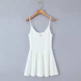 Purpdrank  Sexy White Rib Knitted Cotton Low Waist Sling Dress Women Bow V neck Ruched A-lined Swing Short Dresses Summer Vestidos  Robe
