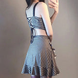 Purpdrank  Women Retro Houndstooth Ruffle Bow Sweet Two Piece Swimsuit Y2K Lace-up Adjustable Strap Tankini Set Sexy High Waist Mini Skirt