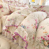 Purpdrank  100% Cotton Vintage Pastoral Style Rose Flowers Print Ruffles Bedding Set Duvet Cover Set Bow Lace Quilted Bed Skirt Pillowcases