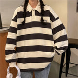 Purpdrank  Japanese Striped Polo Shirt Sweater for Women Loose Korean Style Spring Autumn Casual BF Salt Coat