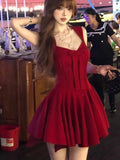 Purpdrank  Women's Elegant French Romantic Princess Bow Red Dress V-Neck Sleeveless A-Line Mini Dresses Eveninng Party 2025 Spring Summer