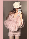 Purpdrank  Korean Sweet Pink Knit Shorts Set Women Cute Bow Design Pullovers + Fit Chic Pants New Kawaii Knitting Pure Desire Outfits
