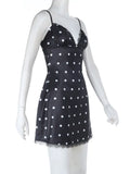 Purpdrank  Women's Sexy Polka Dot Satin Slip Mini Dress Spaghetti Strap Lace Trim Bodycon Cami Dress
