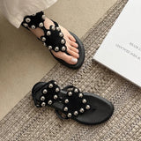 Purpdrank   Women's Black Cow Suede Low Heel Sandal Summer Fashion Studded Decor Thong Sandals Ankle Strap Slip-On Summer Beach Shoes