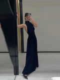 Purpdrank  Women's Evening Dresses Halter Backless Long Dress Autumn Female Velvet Sleeveless Slim Pleat Partywear Chic Ladies Vestido