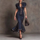 Purpdrank  Women's Striped Mermaid Maxi Dress Lapel Collar Short Sleeve Button Slim Fit High Waist Ruffle Elegant Office Party Long Dresses
