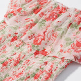 Purpdrank  Romantic Pink Floral Print Ruched Slash Shoulder Short Sleeve Chiffon Dress Women Elastic Body Ruffles Hem Mini Dresses Vestidos