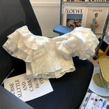 Purpdrank  French Elegant Ruffle Women Blouse Y2K Summer Sexy One Shoulder Flying Sleeves Crop Tops Female Fashion Slim White Shirt New