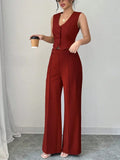 Purpdrank  Women's 2Pcs Red Date Night Front Buckle V-Shaped Hem Solid Button Front Vest Jacket & Seam Front Pants Two Piece Set