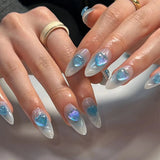 Purpdrank  24pcs 3D Blue Heart Press on Nails Medium Almond Fake Nails with Glue Full Cover Pink Gradient Y2k False Nails Sweet Cool Nail