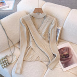 Purpdrank  Lace Criss-Cross Knitted Sweaters Women's Autumn Winter Sexy Hollow Out Pullovers Popular V-neck Long Sleeve Slim Tops Knitwear