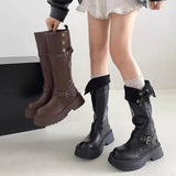 Purpdrank  Fashion Women Black Block High Heels Long Boots New Winter Warm Knee High Boots Soft Leather Thigh High Boots Shoes