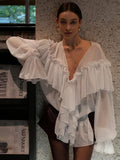 Purpdrank  Elegant Ruffle Solid Women Shirts Sexy See Through Deep V Neck Full Flare Sleeve Female Blouse 2025 Spring Loose Office Lady Top