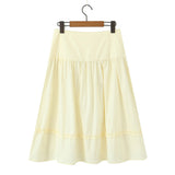 Purpdrank  New Holiday Buttons Low Waist Midi Long Skirt Women Spliced Ruched Wood ears Swing A-lined Skirts Boho Yellow White