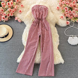 Purpdrank  Summer Fashion Casual Women's Black White Plaid Backless Slim Holiday High Waist Slip Wide Leg Pant Jumpsuit Versatile