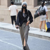 Purpdrank  Grey Split Denim Skirt Female 2025 Spring High Waist Slim Casual Fashion Women's Long Skirt