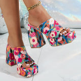 Purpdrank  Fashion Flower Print Chunky Heel Sandals Women Outdoor Party Super High Heels Slippers Woman Square Toe Platform Sandles 36-42