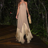Purpdrank  Tassel Patchwork Irregular Long Dress 2026 Women Elegant Hanging Neck Solid Color Robe Dress Summer Off Shoulder Party Dresses