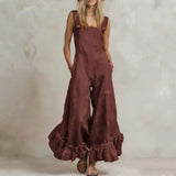 Purpdrank  New Summer Ruffle Hem Wide Leg Jumpsuit Women Button Square Neck Casual Loose Romper Retro Sleeveless High Waist Pocket Playsuit