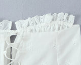 Purpdrank  Summer White Embroidery Hollow Out Hole Wood ears Bow Ruched Chest Corset Camisole Women Cross Lacing up Bow Back Tank Top