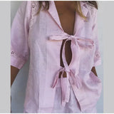 Purpdrank  Summer Holiday 2 Piece Set Women Loose Patchwork Shorts Solid Hollow Out Bandage Shirt Sets Fashion Lady Elastic Waist Suit