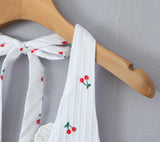 Purpdrank  Sexy White Red Fruit Tie Bow Halter V neck Open Buttons Slim Tank Top Women Spliced Lace Hem Sleeveless Backless Tee Summer Vest