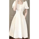 Korean Solid Puff Sleeve Dress Women White Elegant Slim Fashion Pretty Style Skirt Square Sweet Black Drape Female Clothes